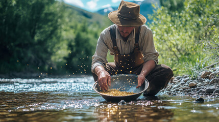 Person panning for gold in a river under bright sunlight during a calm afternoon in a serene natural landscape