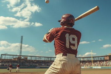 A baseball player in maroon and white uniform preparing to hit a pitch under a clear sky during a competitive game