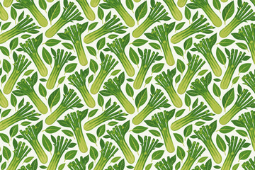 Vector seamless pattern with green celery. Hand drawn celery vegetables background.