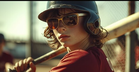 Youthful baseball player with bat and helmet in a dramatic cinematic style portrait outdoors