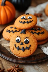 Cute Halloween pumpkin shaped gingerbread cookies with kawaii faces. Orange and brown treats for holiday celebration. Vertical banner, poster, greeting card, menu. Festive baking, Halloween party food