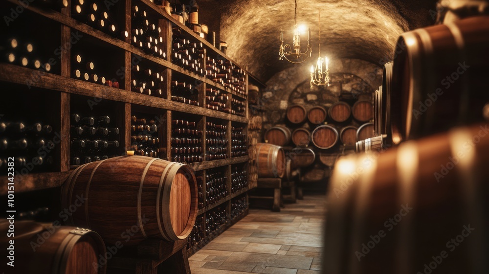 Poster exploring a rustic wine cellar filled with wooden barrels and shelves of fine wine bottlings at dusk