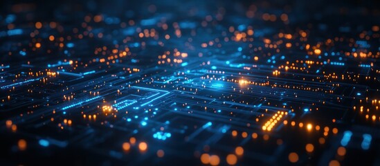 Obraz premium Abstract blue and orange circuit board glowing in the dark.