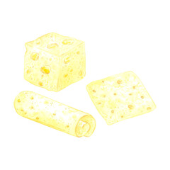 Hand drawn watercolor piece slice, cube of cheese isolated on white background. Can be used for postcard, label, scrapbook and other printed products.