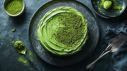A matcha layer cake with rich, creamy frosting and a sprinkling of matcha powder for a vibrant, green presentation.