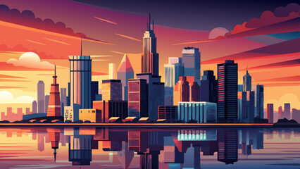 A stunning aerial view of the Chicago skyline at sunset, with the city's iconic skyscrapers silhouetted against a vibrant orange and pink sky.