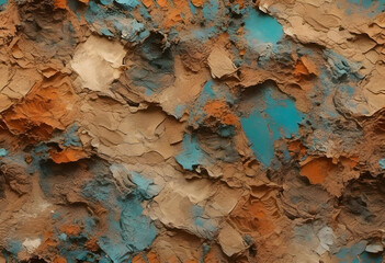 Naklejka premium An abstract textured artwork featuring swirling patterns in turquoise, orange tones. The surface appears layered and three-dimensional, resembling natural elements like rocks or coral formations.
