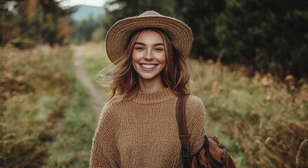 Obraz premium Smiling woman in cozy sweater and straw hat enjoying nature walk on countryside path