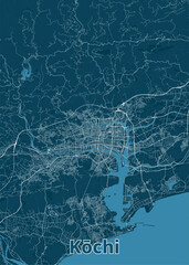 Detailed map of Kochi, Japan, rendered in a minimalist style. The map features a deep blue background with white lines representing roads, waterways, and other geographical features.