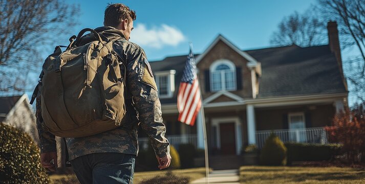 A soldier returning home carrying a duffel bag as he walks towards a suburban house. An American flag is prominently displayed on the porch, emphasizing a sense of patriotism and homecoming.