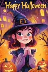 Happy Halloween lettering text on background with cute cartoon witch, castle and carved pumpkins jack o lantern. Template for celebration event or party banner, poster, invitation, greeting card