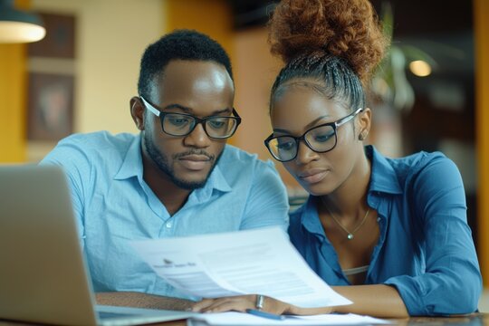 Young African American couple working together at a desk reviewing documents and using a laptop in a collaborative effort