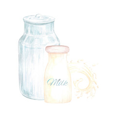 Hand drawn watercolor bottle and tin of milk with splashes composition isolated on white background. Can be used for postcard, label, scrapbook and other printed products.