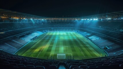 Empty Football Stadium at Night with Bright Lights