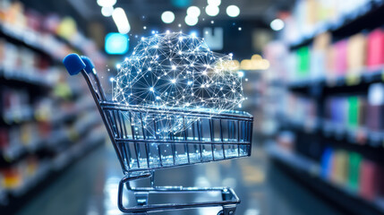 Digital shopping cart illuminated with vibrant data connections in a tech-inspired virtual shopping environment