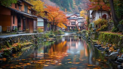 Obraz premium A peaceful autumn scene in the Kurokawa Onsen town, with the colorful leaves reflected in the tranquil river.