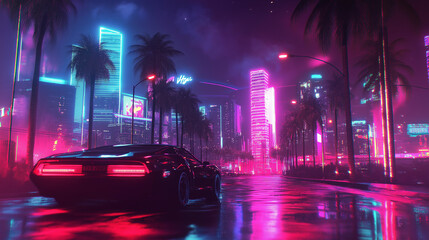 A sleek sports car cruising through neon-lit city streets at night, showcasing vibrant lights and palm trees in a futuristic atmosphere