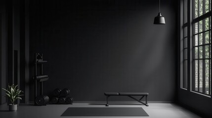 Minimalist fitness room with a monochrome color scheme, hidden lighting, and a clean, open layout, fitness room, monochrome, hidden lighting