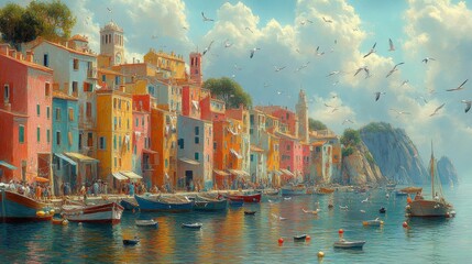 Coastal Town with Colorful Buildings and Boats