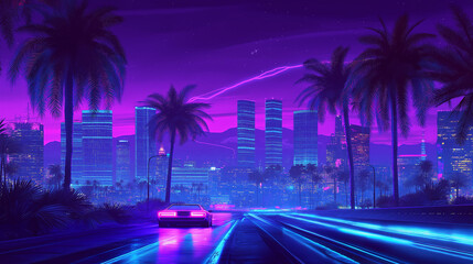 A vibrant night drive through a neon-lit cityscape with palm trees and glowing skyscrapers under purple skies