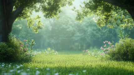 Fototapeta premium Kreatywne tło na świeżym powietrzu wypełnione jest bujną zielenią drzew i kolorowymi kwiatami.