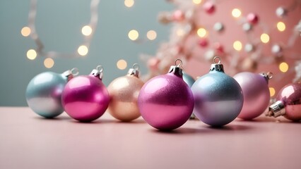 Sparkling Ornaments in Pastel Colors Lined up on a Tabletop With Festive Lights in the Background