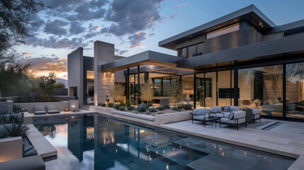 Obraz premium real estate, luxury, house, architecture, exterior, pool, villa, backyard, modern, building, reflections, sunset, residential, patio, outside, outdoors, home, lifestyle, property, contemporary, garden