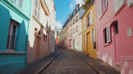 Fototapeta premium A picturesque view of the Rue Crmieux, Paris most colorful street, lined with pastel-painted houses.
