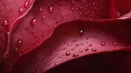 A close-up of a red rose petal with water droplets, showing intricate details and the smooth texture of the petal.