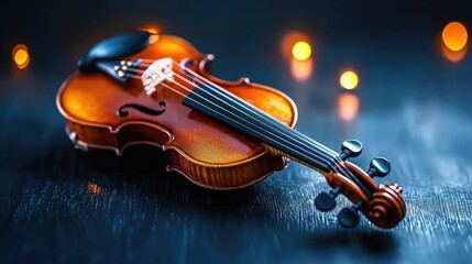 Fototapeta premium Violin on dark background with festive lights celebrating international music day