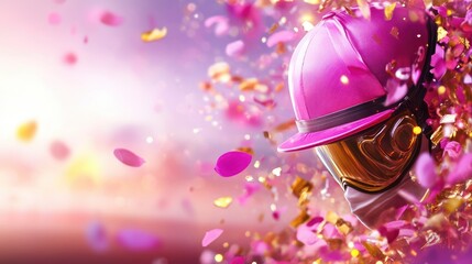 Fototapeta premium Vibrant melbourne cup celebration scene with pink jockey helmet and confetti explosion
