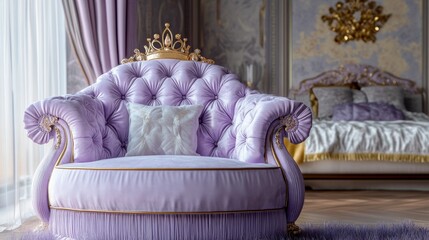 A plush lavender princess chair with tufted details and a golden tiara on the headrest, creating a royal corner for reading.