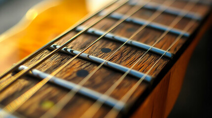 A close-up shot of guitar strings highlighting the craftsmanship on a wooden fretboard during a quiet afternoon
