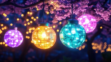 Obraz premium Vibrant lanterns illuminating a garden with cherry blossoms during navaratri celebration