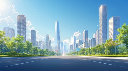 ultrasharp cartoon photography of a beautiful modern city with modern skyscraper in the background, and with an asphalt street in front, sun is shining, blue heaven without clouds, 