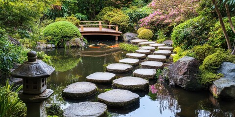 Japanese garden with pond and stone bridge, Japan. Japanese style garden 
