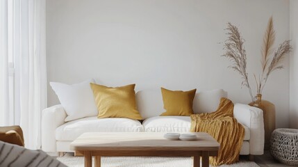 A bright living area features a white sofa adorned with yellow pillows and a warm throw. Nearby, a decorative vase with dried plants adds a touch of nature to the inviting atmosphere.