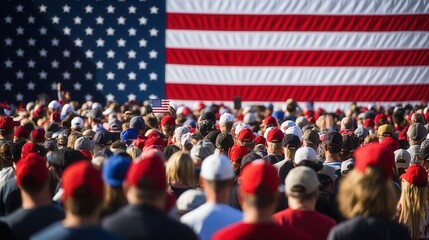 A diverse crowd wears red hats and stands united in front of a massive American flag, embodying patriotism and community spirit. Generative AI