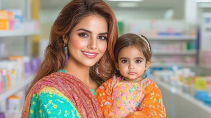 Mother and child smiling in pharmacy for world polio day awareness