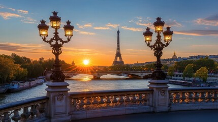 Fototapeta premium A romantic sunset scene of the Pont Alexandre III bridge, with ornate lamp posts and the Eiffel Tower in the background.
