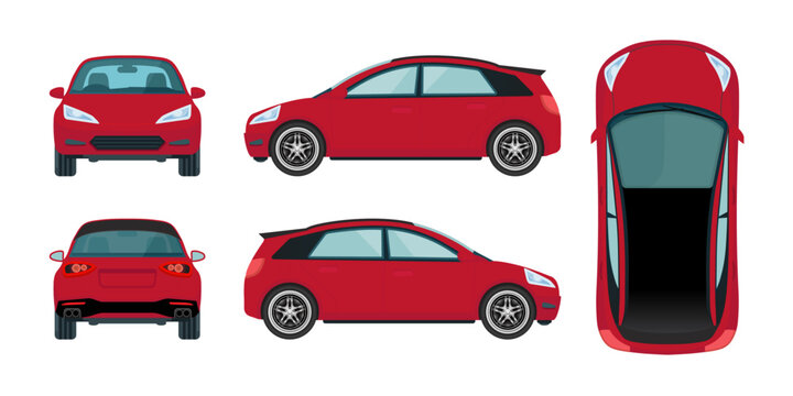 Red Electric Vehicles and Cars: Detailed Views from All Angles - Front, Back, Top, Rear, and Side - Vector Graphics