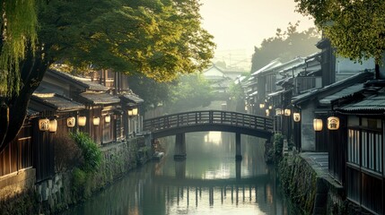 A scenic shot of the traditional wooden bridges and lanterns in the historic town of Kurashiki in Okayama.