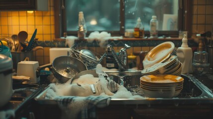 A kitchen sink filled with soapy water and dishes