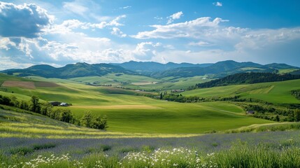 Fototapeta premium A scenic view of the rolling hills and flower fields of Furano in Hokkaido, famous for its lavender blooms in summer.