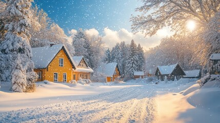 Obraz premium A picturesque winter scene with snow-covered houses and a winding road, bathed in golden sunlight.