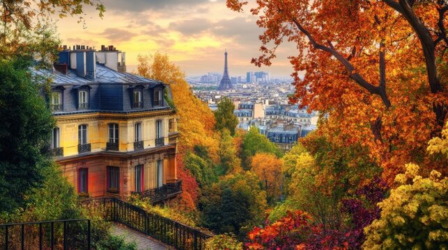 A serene autumn view of the Parc de Belleville, with colorful leaves and a view over the rooftops of Paris.