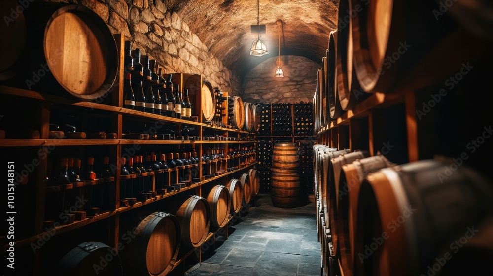 Poster a rustic wine cellar featuring wooden barrels and shelves filled with diverse wine bottles in a diml