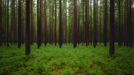 Fototapeta premium Forest of Tall Coniferous Trees with Pines | Serene Woodland Landscape with Towering Evergreens
