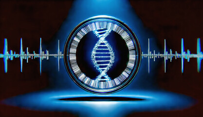 A glowing DNA strand inside a circular frame with pulse-like lines on both sides, symbolizing genetic data and information flow, highlighted in electric blue against a dark background.