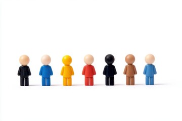 Colorful wooden figurines representing diverse individuals, white isolate background